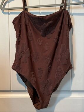 Women’s One-Piece Swimsuit in Dark Brown with Textured Shell Motif
